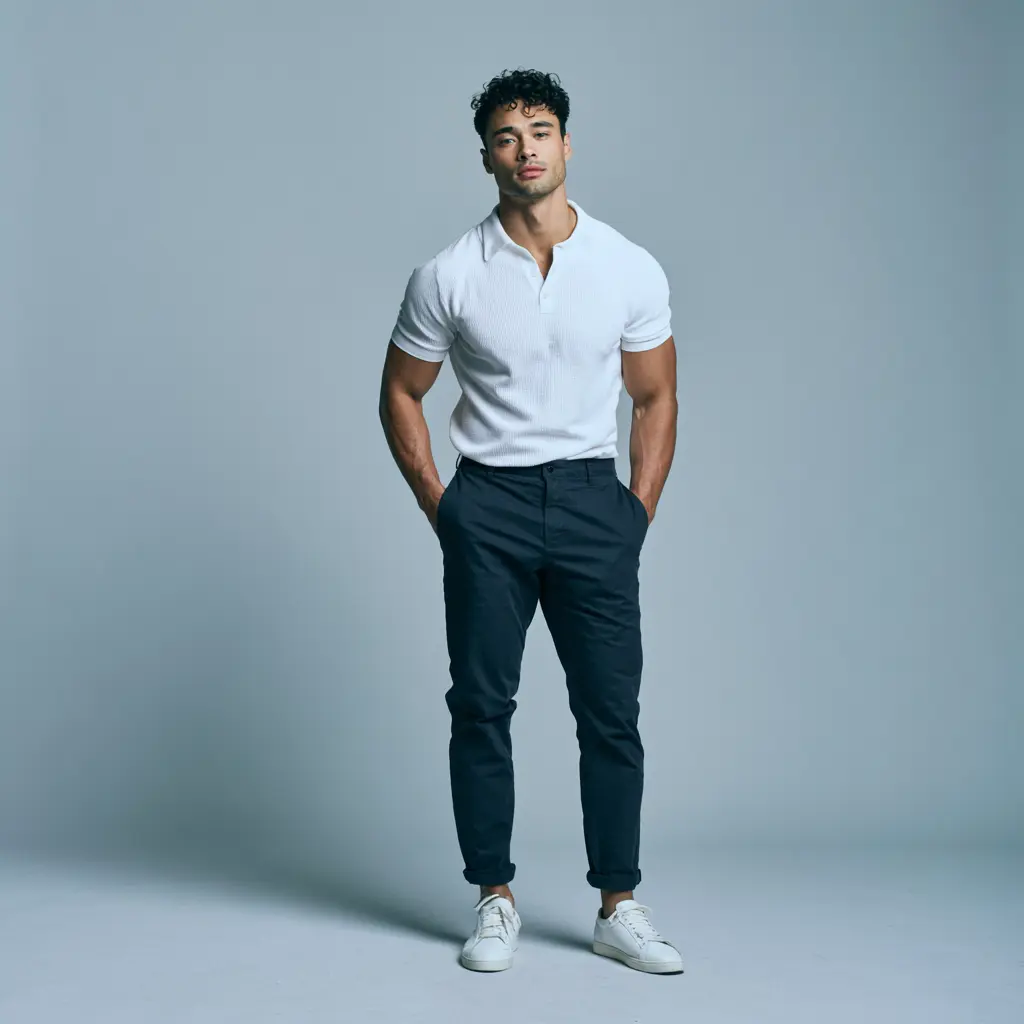 White ribbed polo shirt with navy slim chinos and white sneakers — smart casual date night look for men