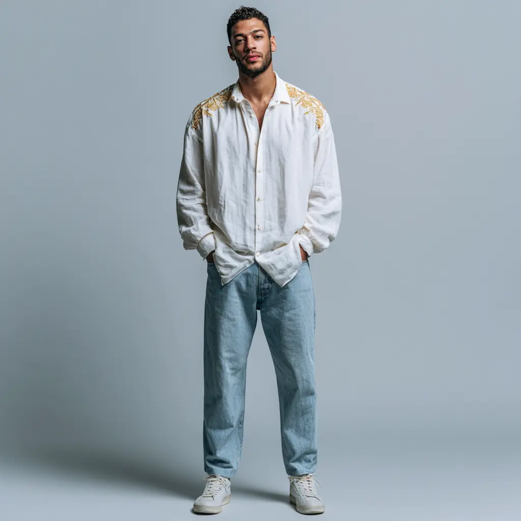 White shirt with gold shoulder embroidery worn over baggy light-wash jeans with white sneakers — festive casual look for men